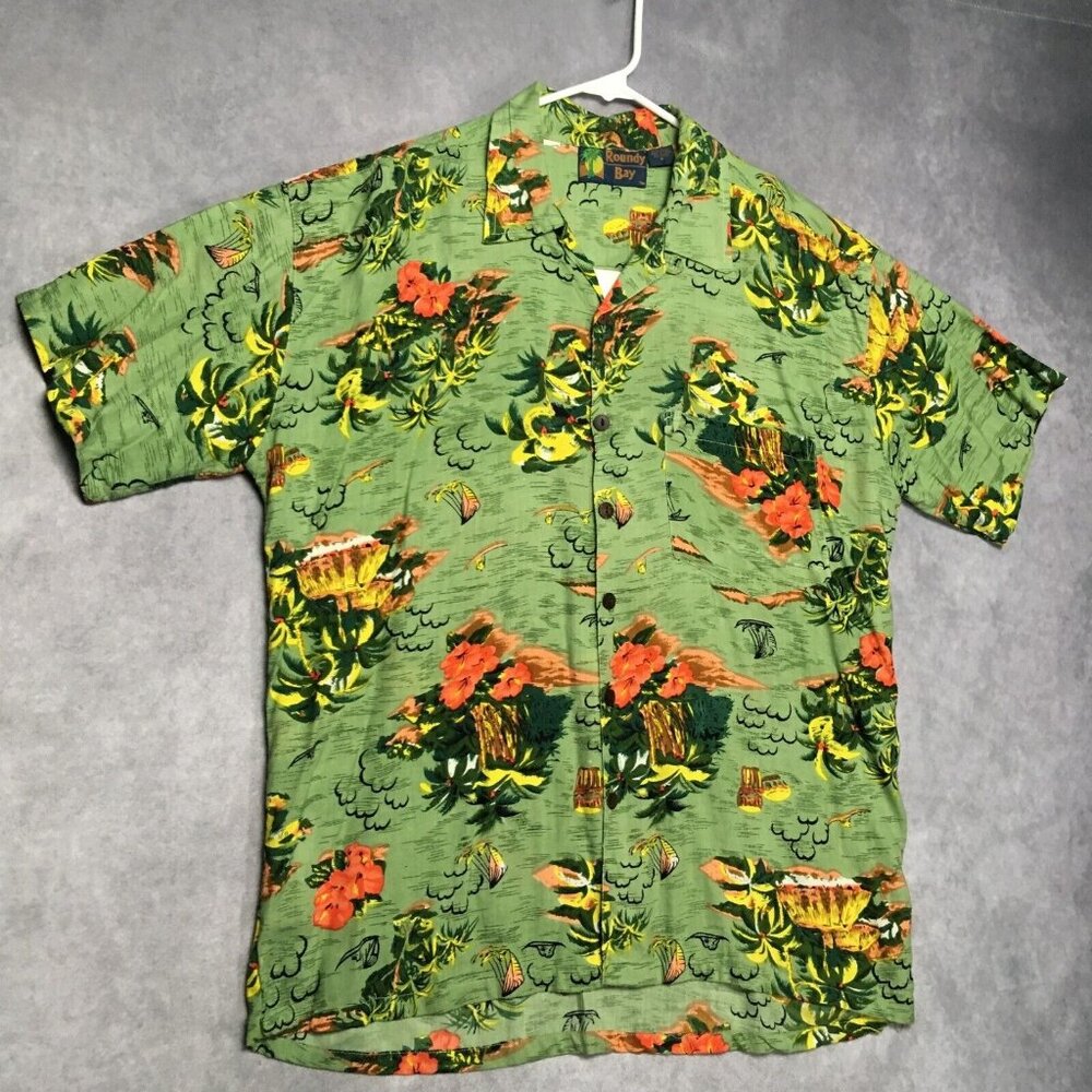Roundy Bay Mens Hawaiian Shirt size Medium‎ Green Floral Short Sleeve Button Up